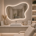 Oglinda led moderna 80x60, design fluid, cu touch si iluminare ambientala