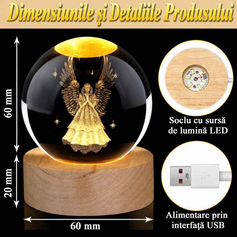Glob Decorativ Transparent cu Inger Gravat si Suport Luminos Decoratiune Craciun Sticla - detaliu produs