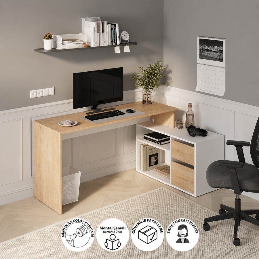 RESIGILAT - Birou modern 139x51x75 cm, cu corp de depozitare 92x40x53 cm, pentru birou, office sau home office