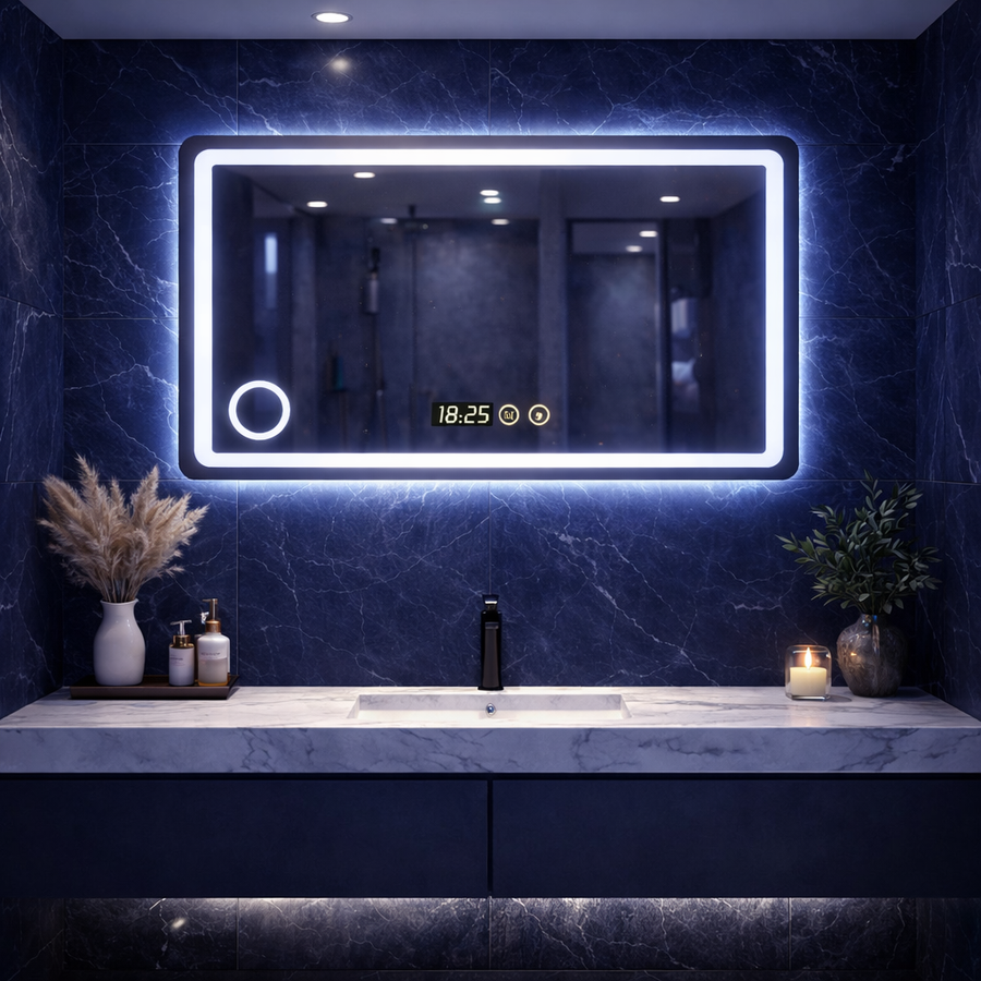 Oglinda LED premium, 90x70 cm, iluminare reglabila, lupa, touch, dezaburire, ceas