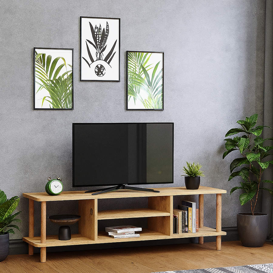 Comoda TV cu rafturi, 120 cm, model cu picioare din lemn