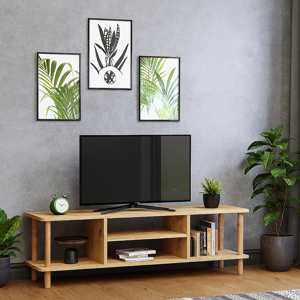 RESIGILAT - Comoda TV cu rafturi, 120 cm, model cu picioare din lemn