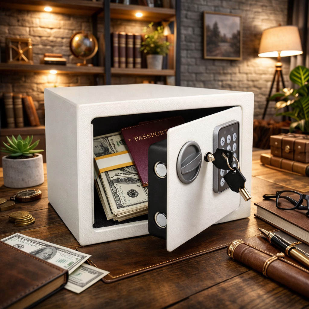 Seif metalic din otel cu inchidere electronica si cheie, 23 x 17 x 17 cm