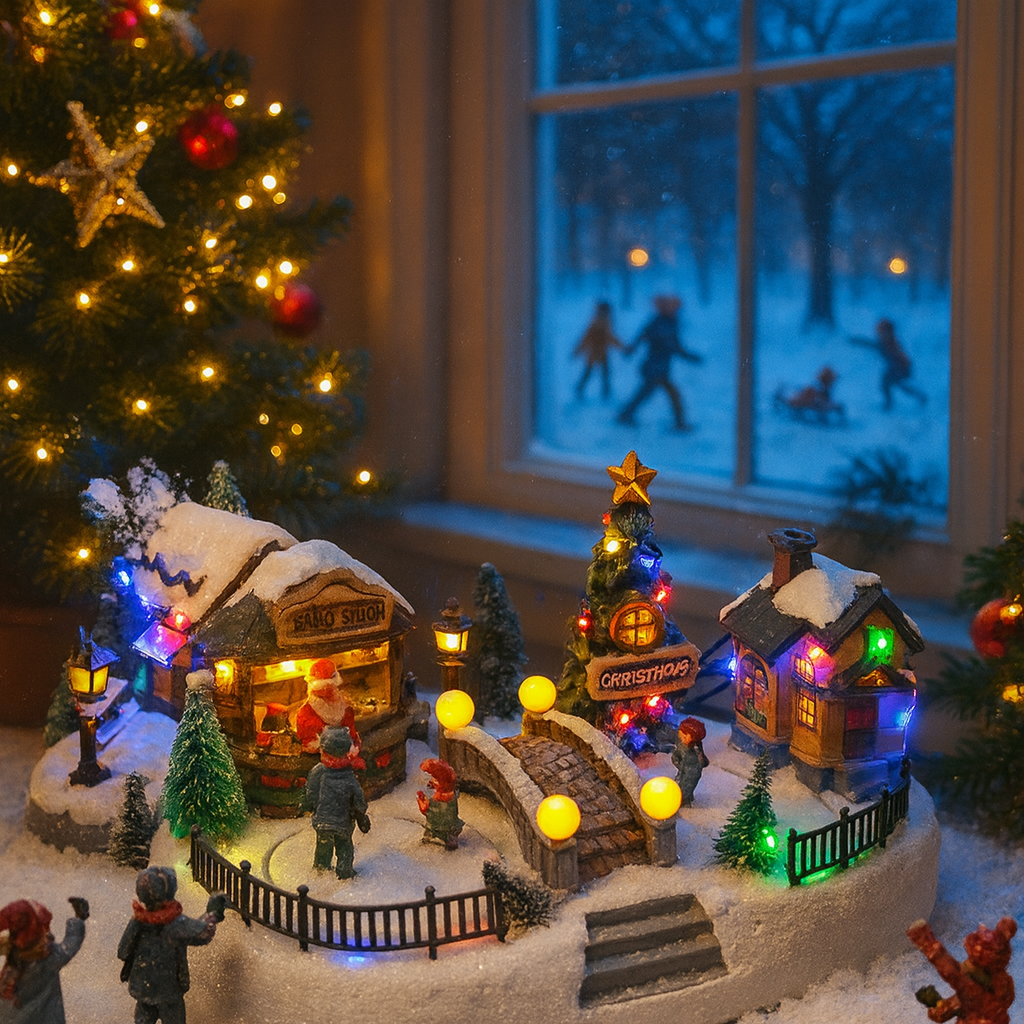 Decoratiune Muzicala de Craciun cu Luminare LED –Model Sat de Iarna cu Pod, Casute si Stand Mos Craciun