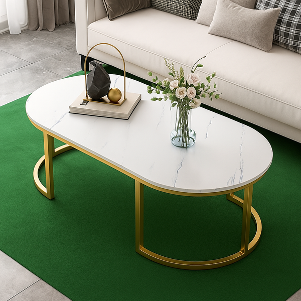 RESIGILAT - Masuta de cafea ovala, minimalista, design nordic, aspect marmura alba, 120 x 60 x 45 cm