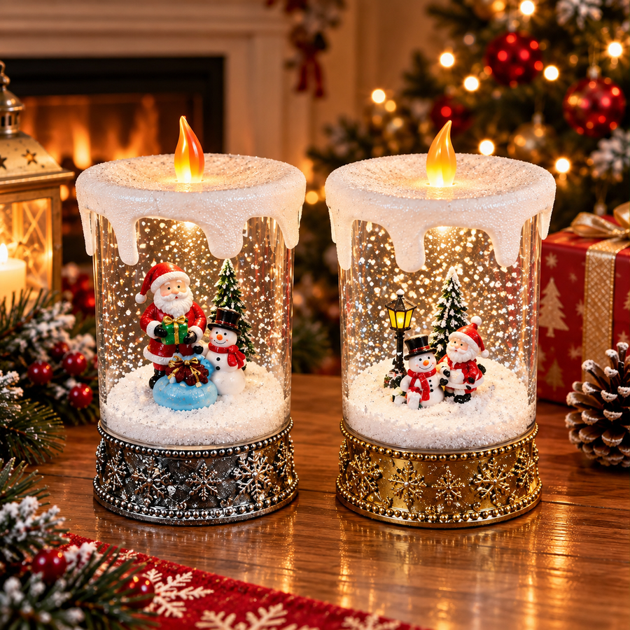 Decorațiune de Crăciun Premium tip Lumânare cu Moș Crăciun și Om de Zăpadă, Iluminare Caldă și Efect de Ninsoare – 12 × 12 × 28,5 cm - imagine principala