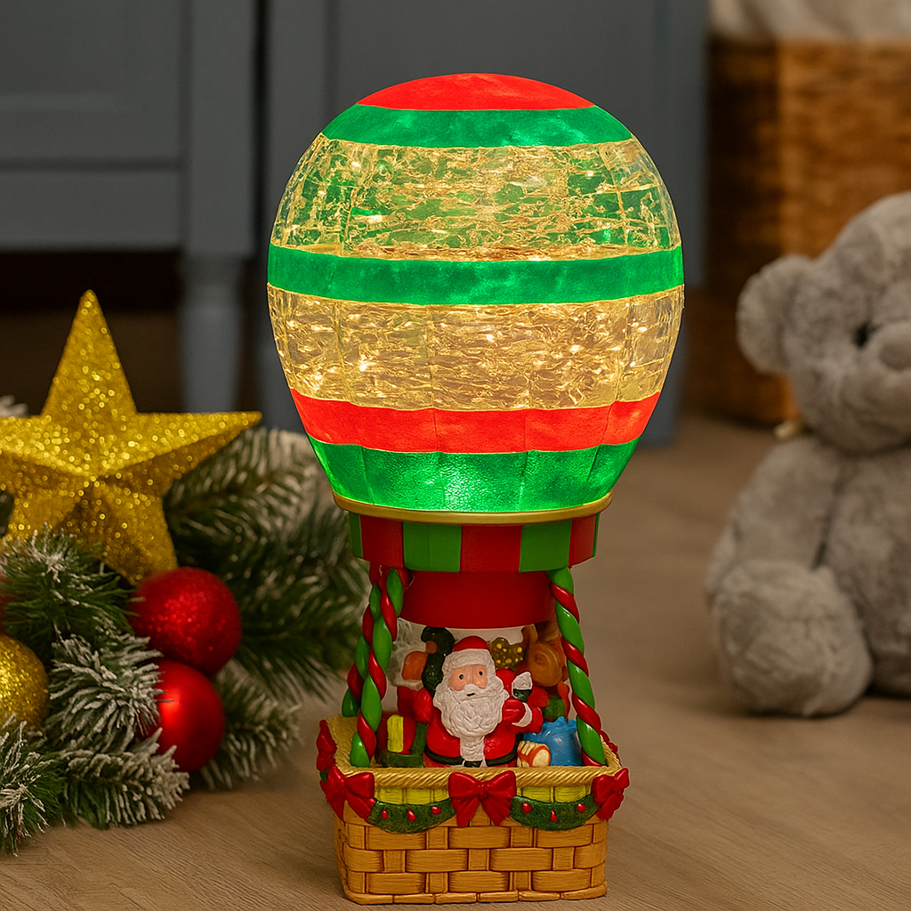 Decoratiune Craciun luminoasa cu balon cu aer cald si Mos Craciun  13 x 13 x 25.5 cm