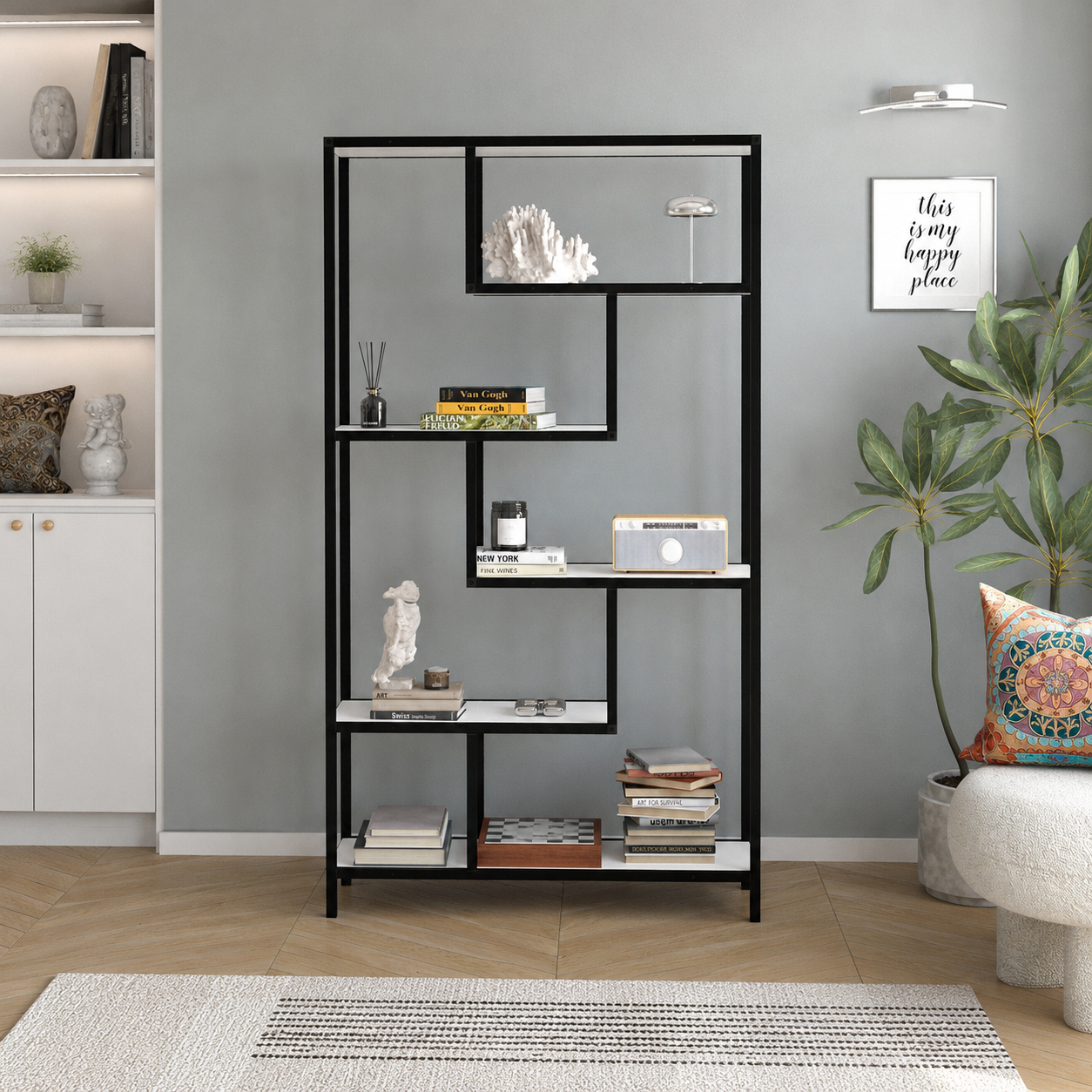 RESIGILAT - Biblioteca Moderna cu 6 Rafturi pentru Living si Birou, Cadru Metalic, PAL 18 mm, 88 x 30 x 160 cm