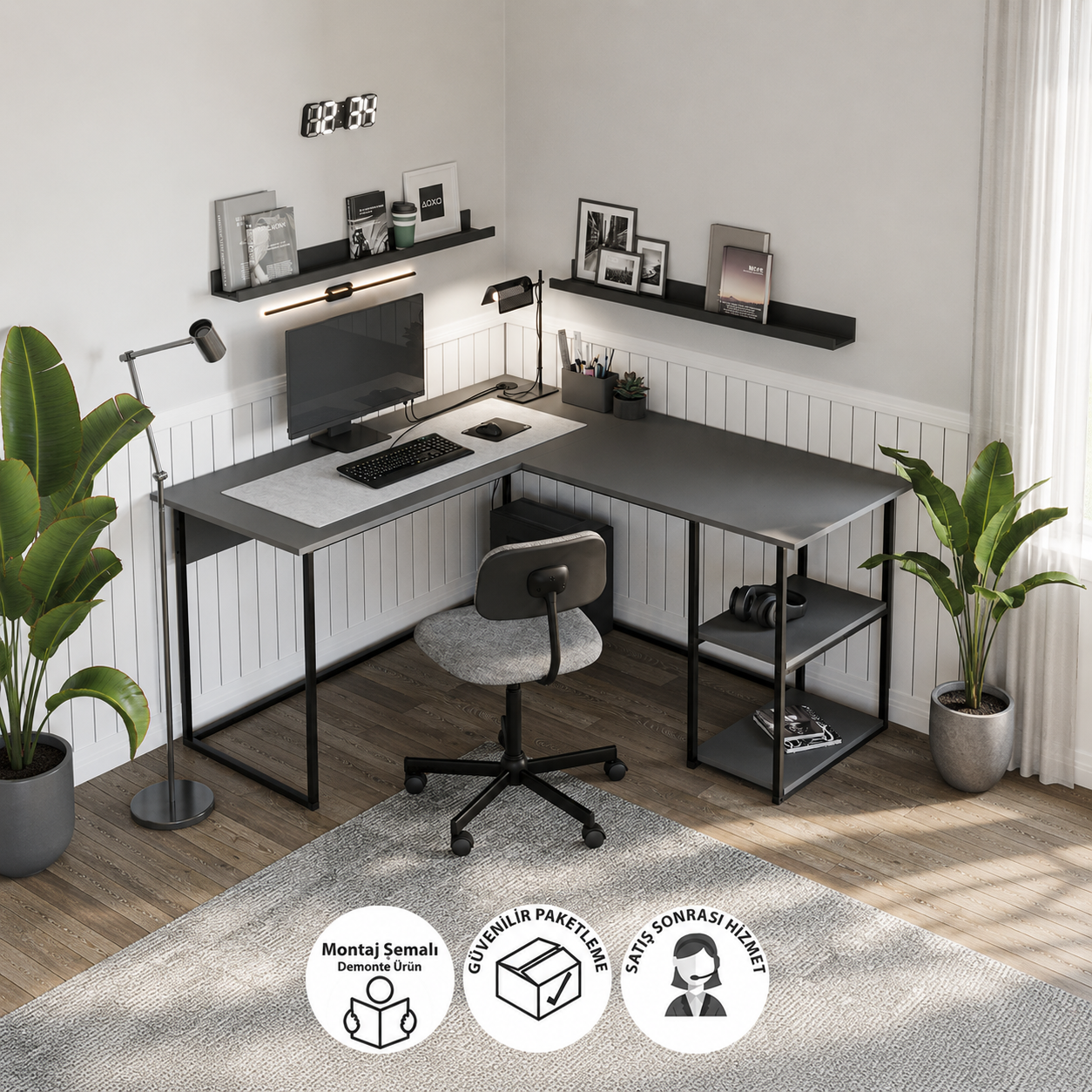 Birou de colt in forma L 140x147,8x73,8 cm, cu rafturi integrate si cadru metalic, pentru home office sau birou