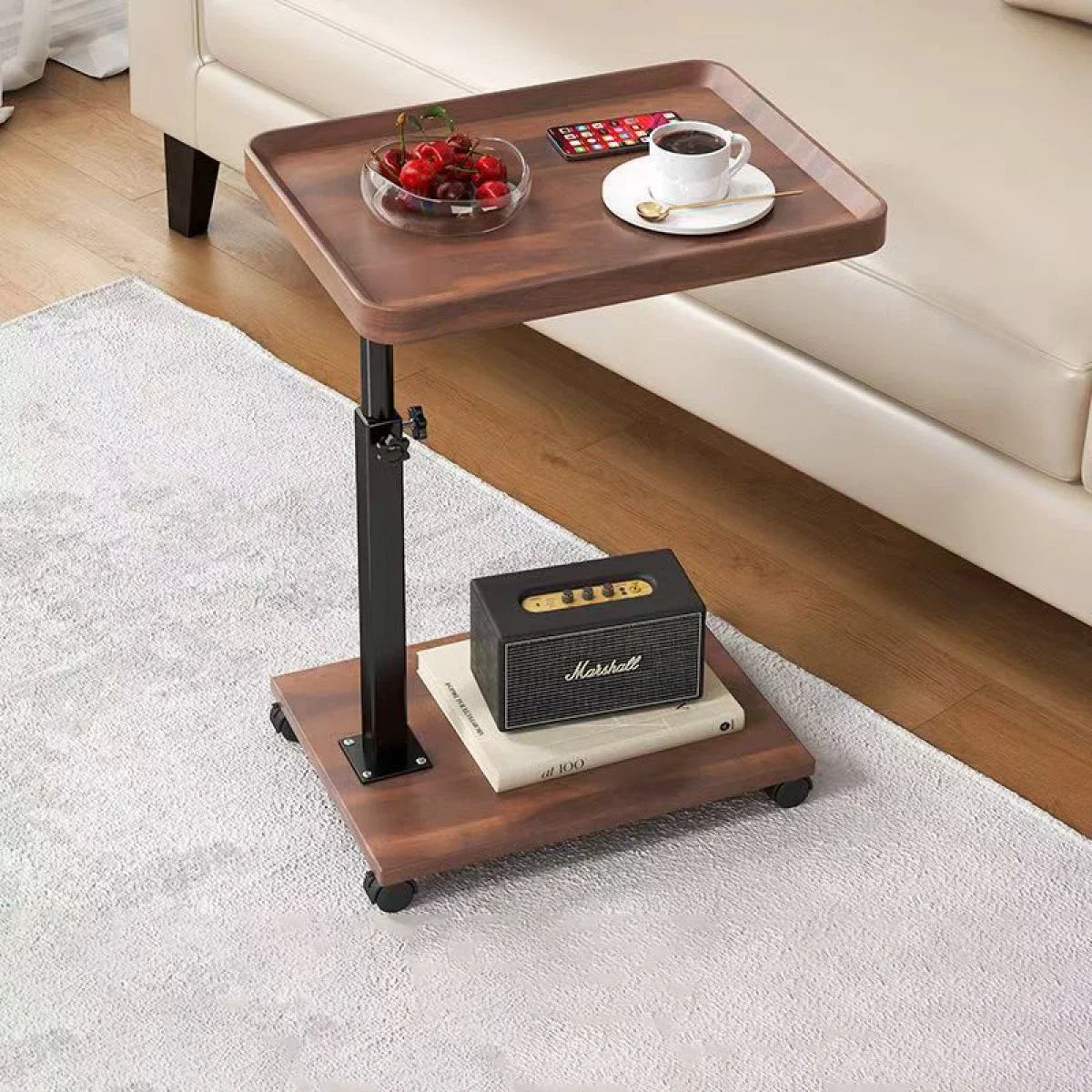 RESIGILAT - Masuta portabila pentru cafea, 2 blaturi MDF, inaltime ajustabila 45-80 cm, blat superior 40 x 30 cm, maro
