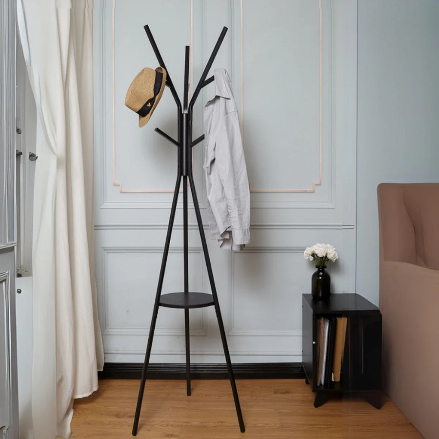 RESIGILAT - Cuier haine cu suport din lemn pentru accesorii, 9 carlige, otel carbon, 180 x 45 cm, negru