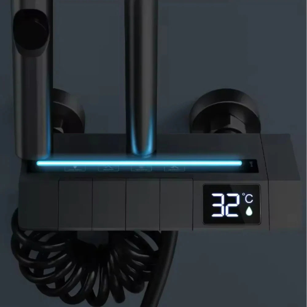 Set coloana de Dus cu para dreptunghiulara, Display LED, comenzi piano, 4 funcții curgere apa, Rotatie 360°, Pulverizare cu aer, robinet ascuns, fara conectare electrica
