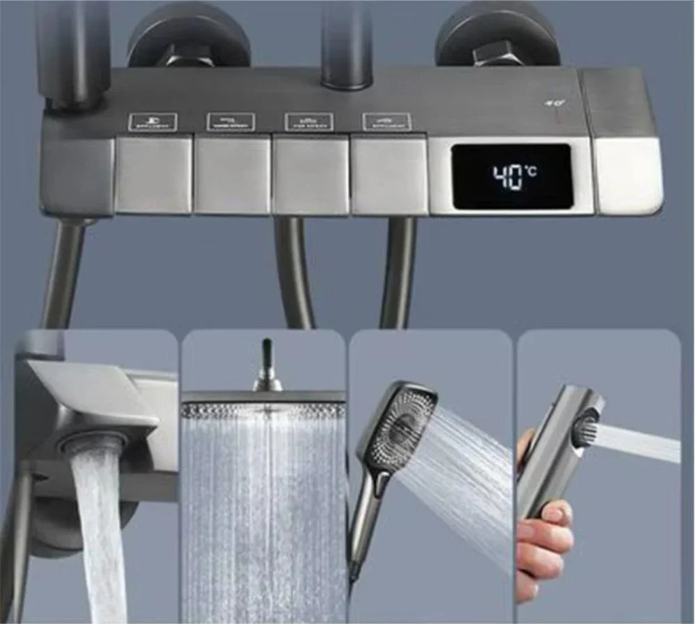 Set coloana de Dus cu para dreptunghiulara, Display LED, comenzi piano, 4 funcții curgere apa, Rotatie 360°, Pulverizare cu aer, robinet ascuns, fara conectare electrica
