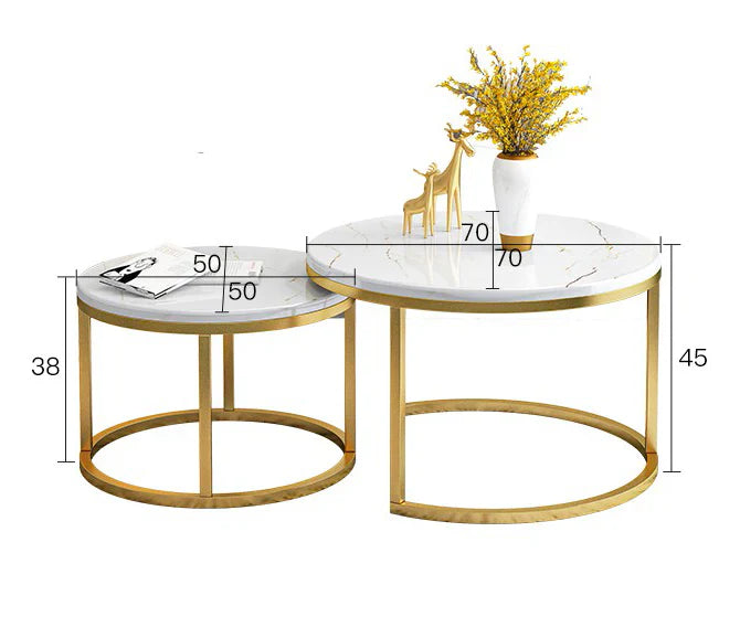 RESIGILAT - Set 2 masute rotunde de cafea cu efect de marmura, blat MDF, cadru metalic auriu, 70x45 cm si 50x38 cm