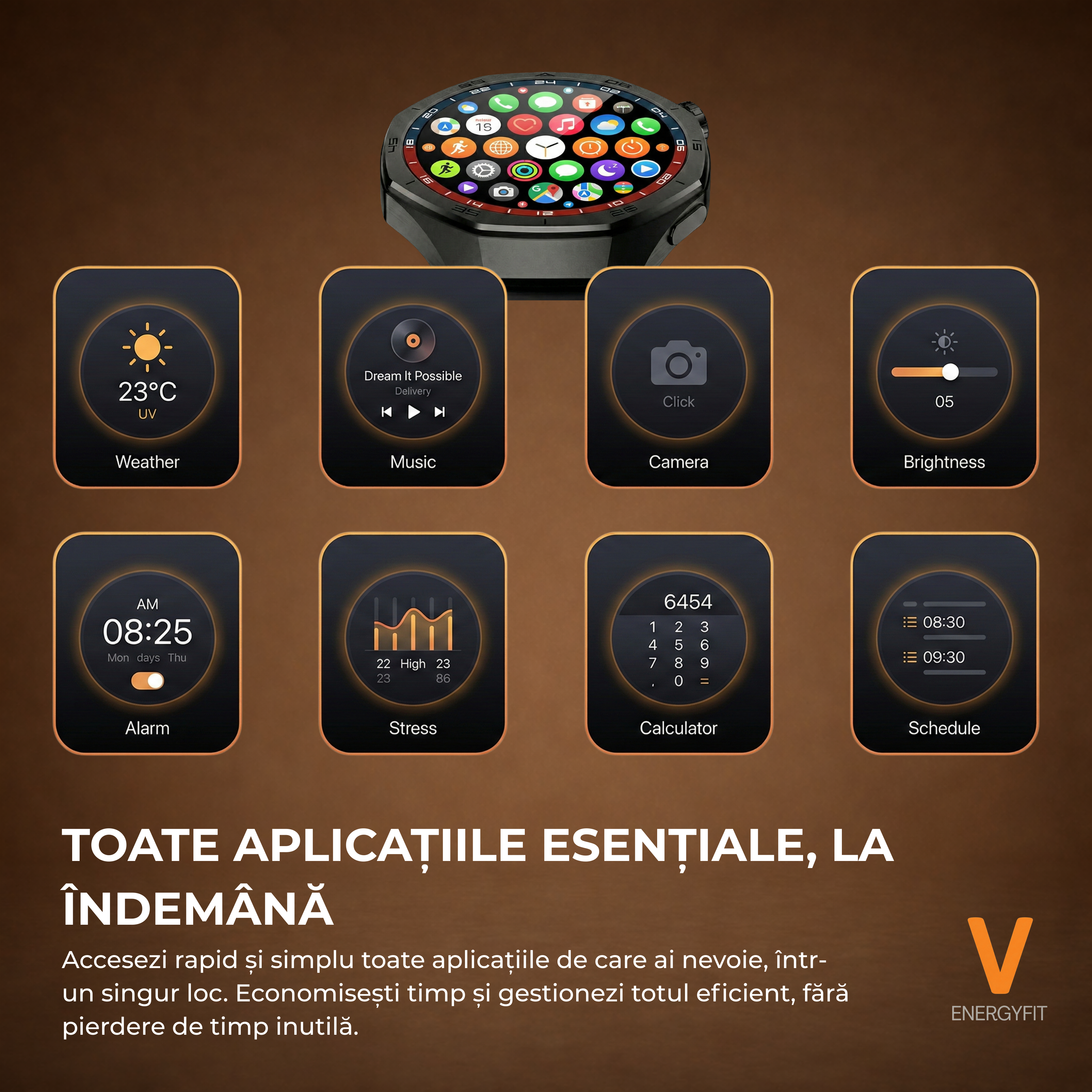 RESIGILAT - Ceas Smartwatch ENERGYFIT, Ecran AMOLED 1.43", Apel Bluetooth, ChatGPT AI, Notificari Romana, Fitness, Sport, Rezistent Apa 5ATM, Incarcare Wireless, 2 Curele, Negru
