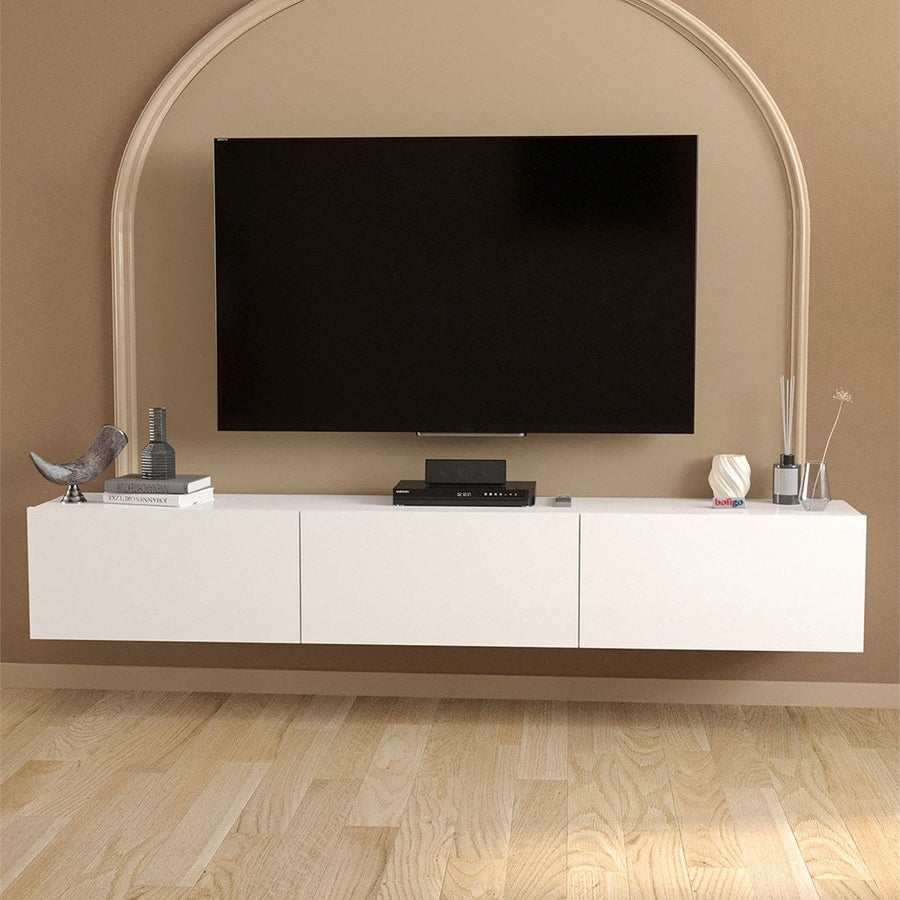 Comoda TV Marvel 180 cm, mobilier living, suport televizor mare pana la 75 inch, 2 usi rabatabile cu inchidere lina soft-close, PAL melaminat 18 mm clasa E1, pentru soundbar si consola jocuri, stil modern scandinav Alb - detaliu 2