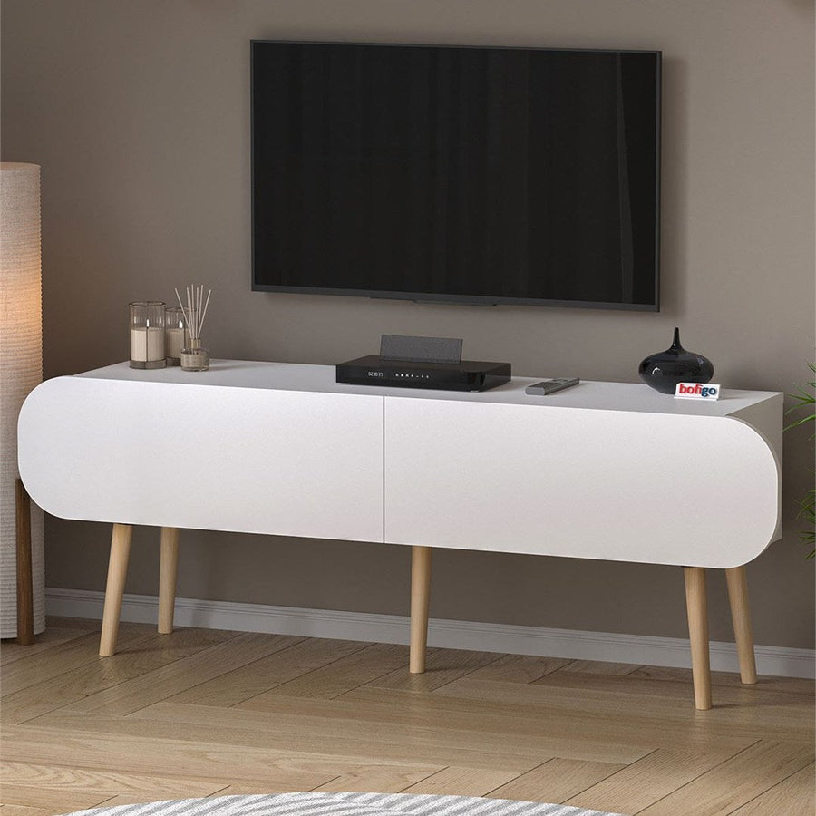 Comoda TV Sicily 120 cm, masa televizor, mobilier living cu 2 usi rabatabile push-to-open, PAL melaminat 18 mm clasa E1, suport TV pana la 55 inch, blat 50 kg, design stil modern scandinav Alb - vedere principala