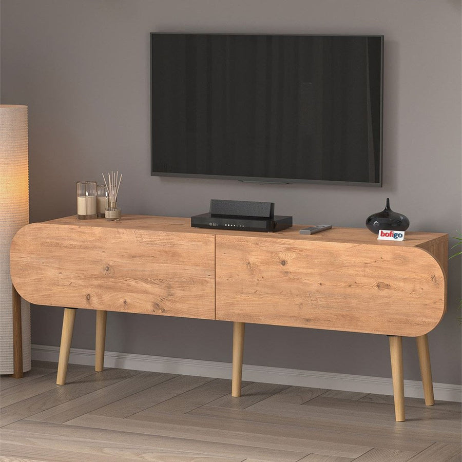 Comoda TV Sicily 120 cm, masa televizor, mobilier living cu 2 usi rabatabile push-to-open, PAL melaminat 18 mm clasa E1, suport TV pana la 55 inch, blat 50 kg, design stil modern scandinav Alb - detaliu 7