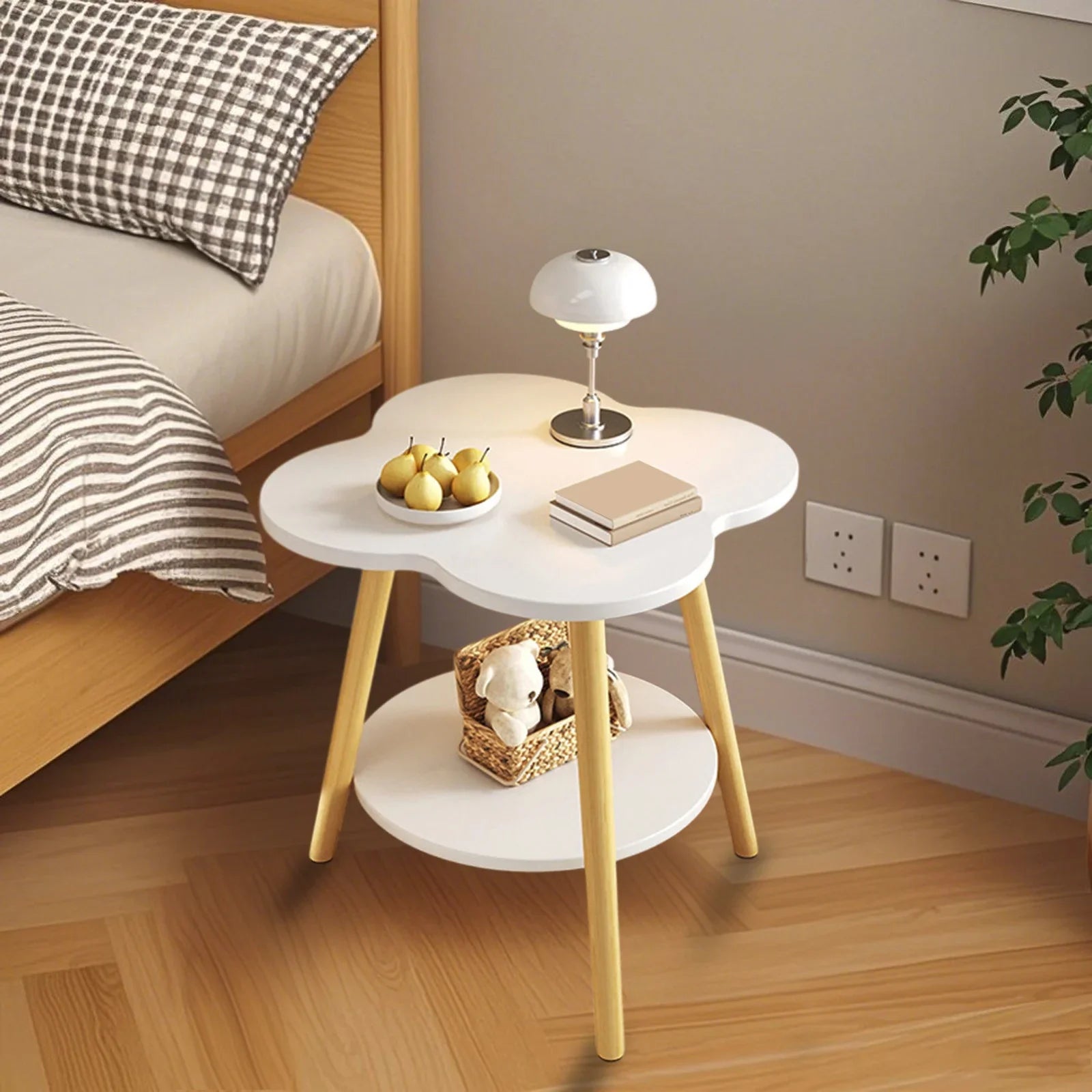 Masuta laterala multifunctionala, forma floare, cu raft depozitare, 50x40x40 cm, alba