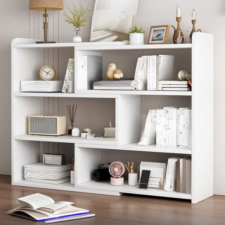 Biblioteca cu 6 compartimente, rotativa, cu lungime reglabila si extensibila, (60-120)×17×80cm, alb