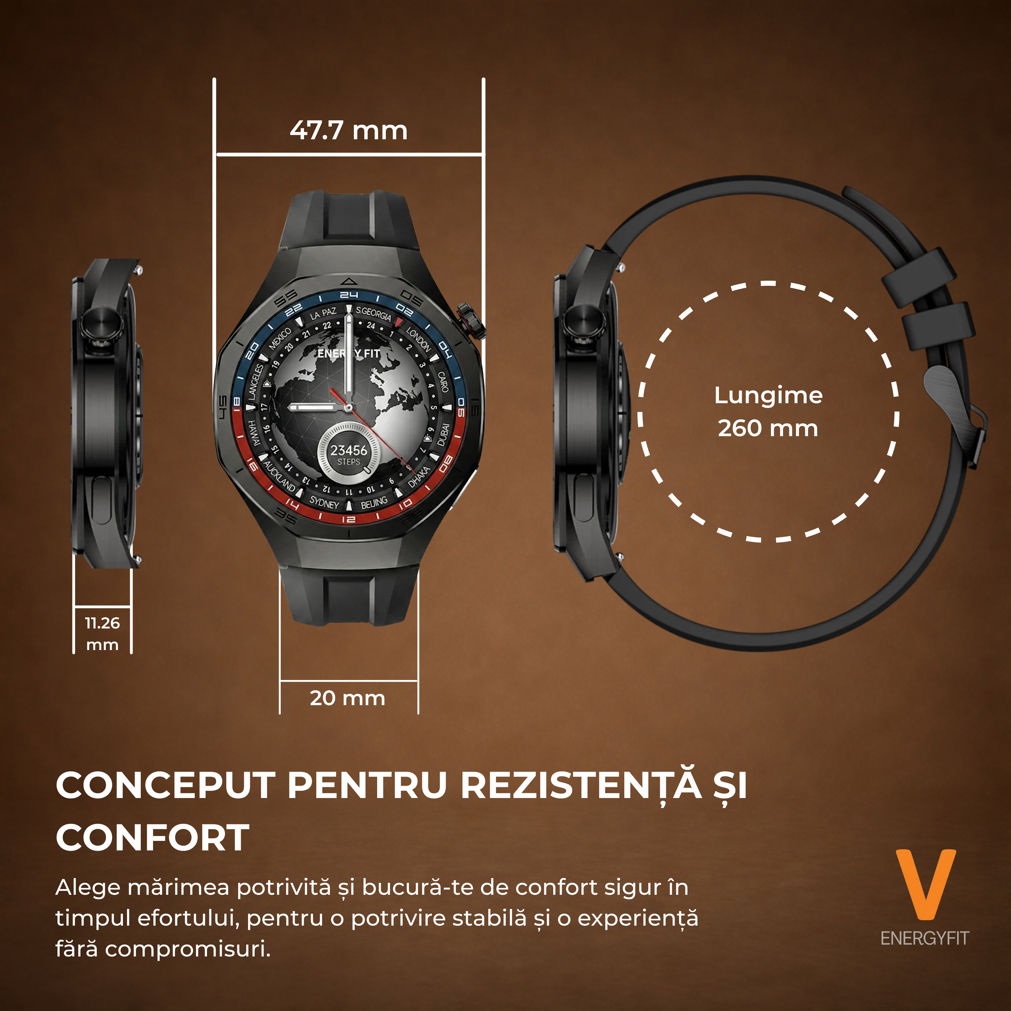 RESIGILAT - Ceas Smartwatch ENERGYFIT, Ecran AMOLED 1.43", Apel Bluetooth, ChatGPT AI, Notificari Romana, Fitness, Sport, Rezistent Apa 5ATM, Incarcare Wireless, 2 Curele, Negru