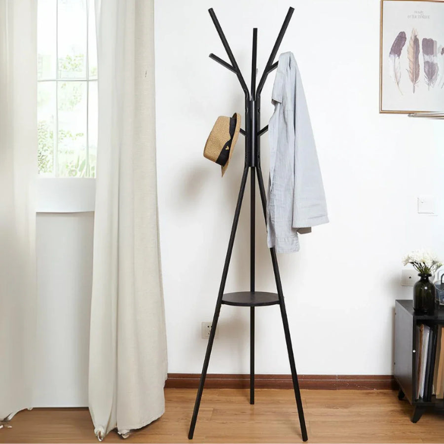RESIGILAT - Cuier haine cu suport din lemn pentru accesorii, 9 carlige, otel carbon, 180 x 45 cm, negru