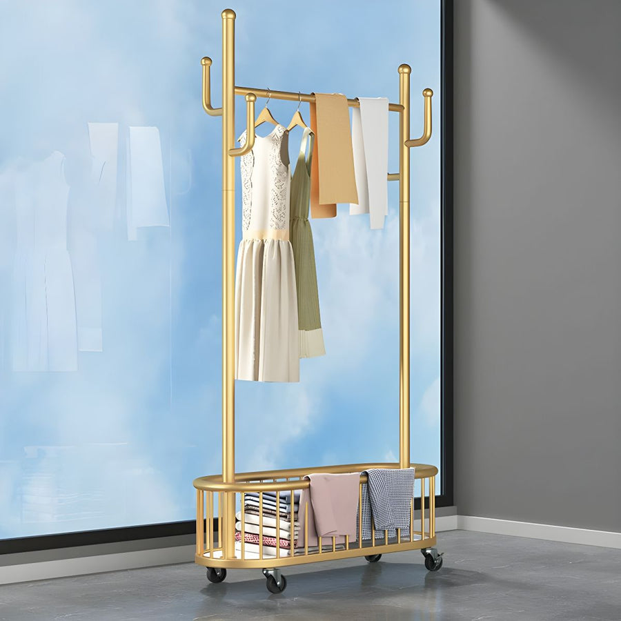 RESIGILAT - Suport haine metalic cu roti si cos de depozitare, finisaj auriu, 80x32x173 cm