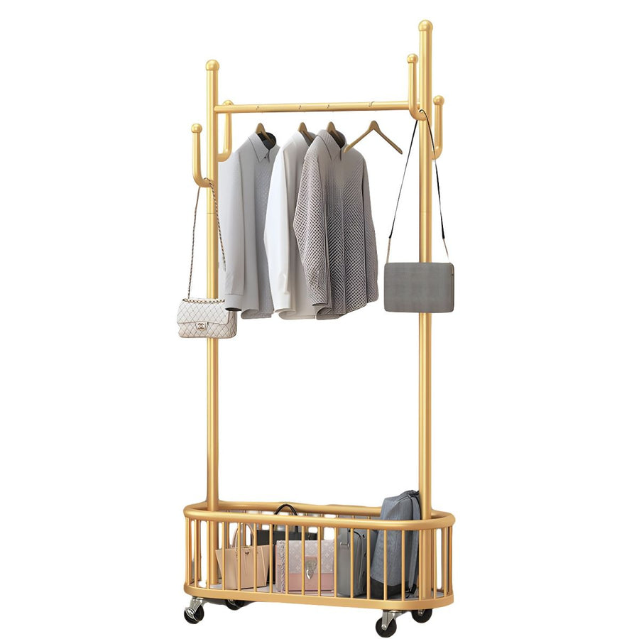 RESIGILAT - Suport haine metalic cu roti si cos de depozitare, finisaj auriu, 80x32x173 cm