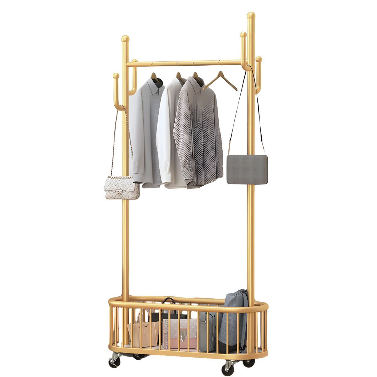 RESIGILAT - Suport haine metalic cu roti si cos de depozitare, finisaj auriu, 80x32x173 cm