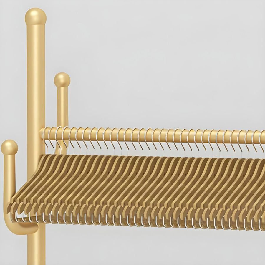 RESIGILAT - Suport haine metalic cu roti si cos de depozitare, finisaj auriu, 80x32x173 cm