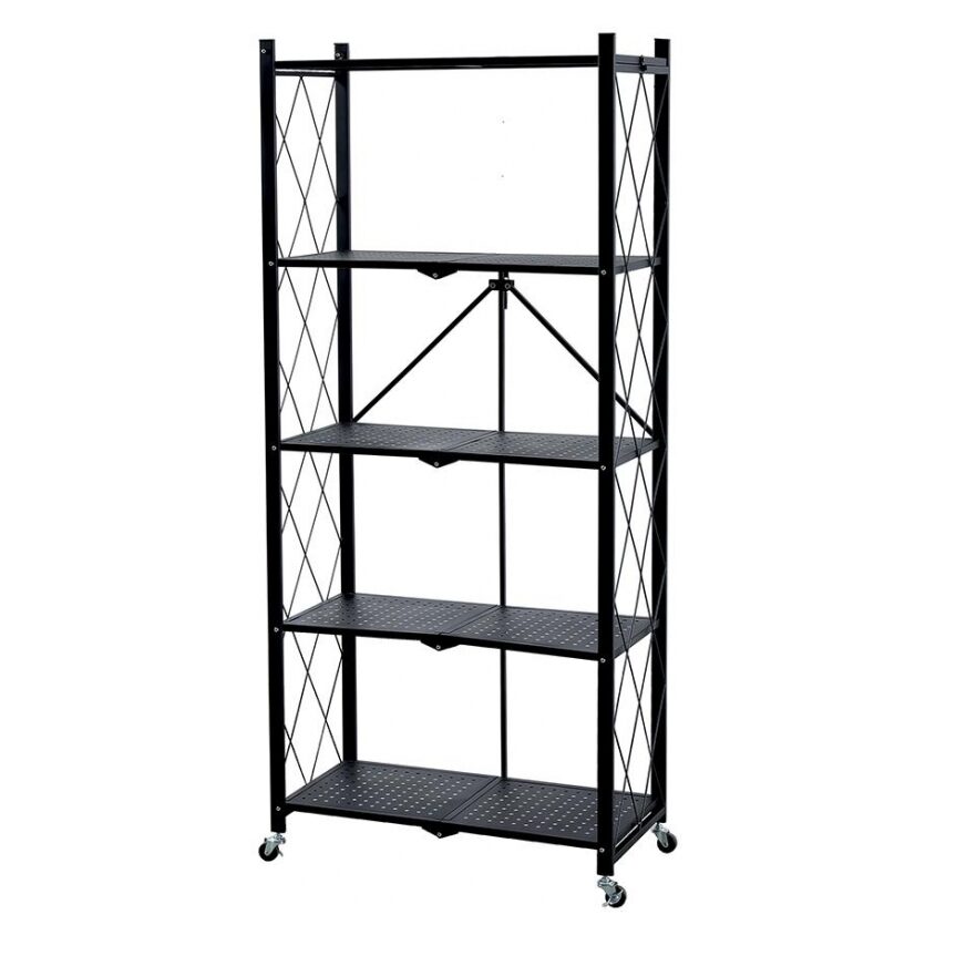 Raft depozitare metalic, pliabil, pe roti, 5 polite, Negru, 50 kg, 72x34x163 cm