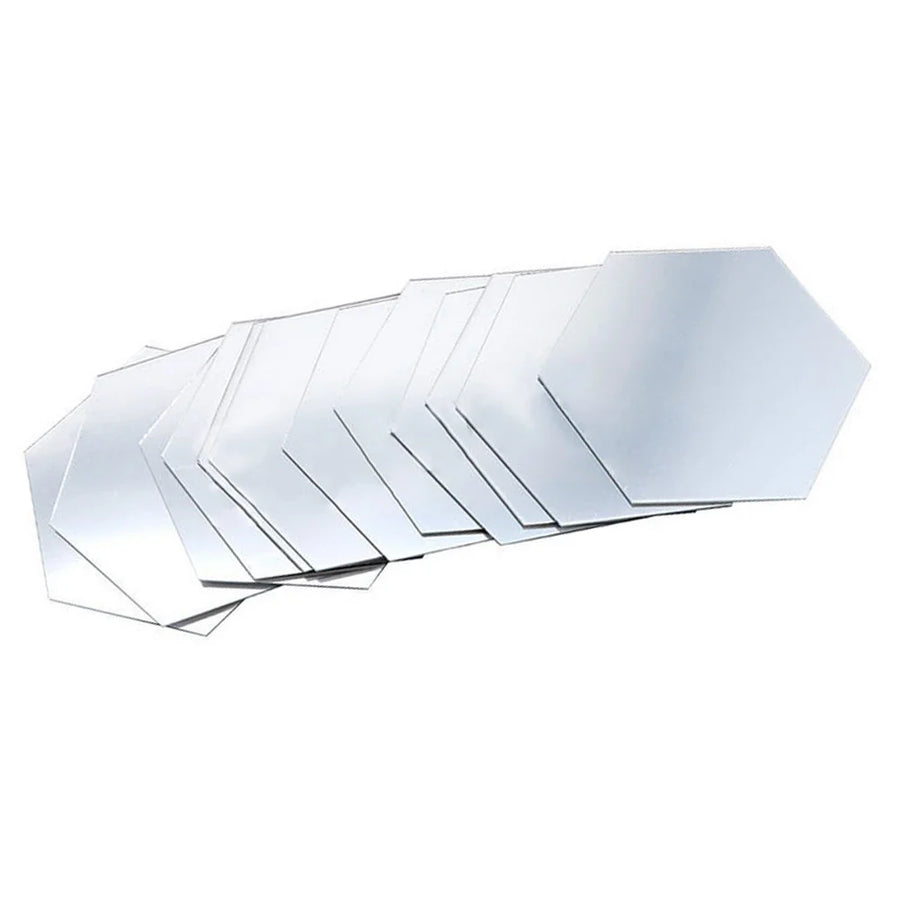 Set 12 oglinzi acrilice autoadezive decorative forma hexagon, diametru 7, 13, 20 si 23 cm