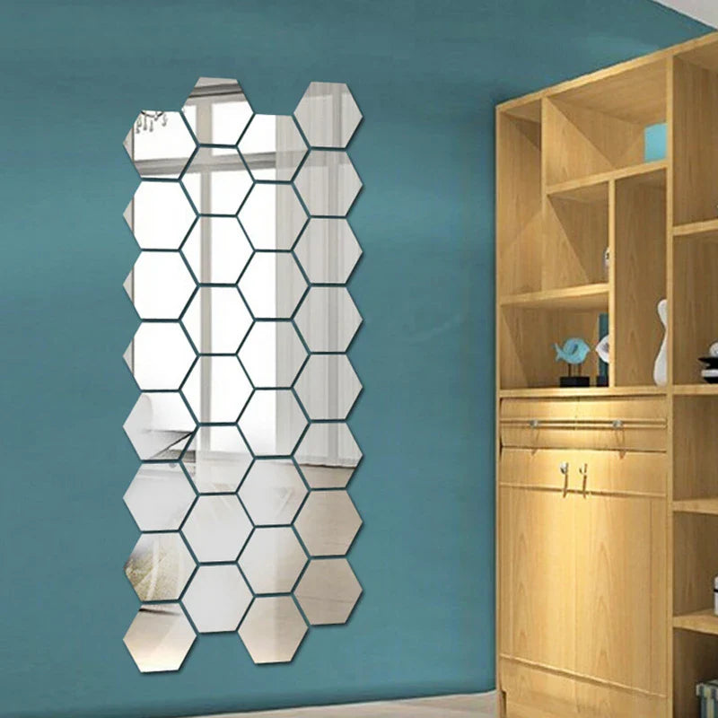 Set 12 oglinzi acrilice autoadezive decorative forma hexagon, diametru 7, 13, 20 si 23 cm