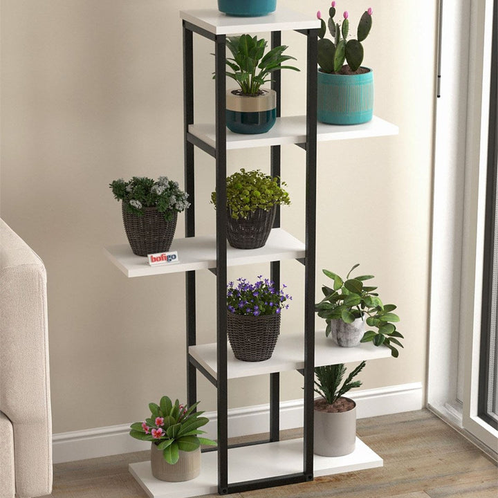 Suport flori Papatya multifunctional, etajera decorativa pentru ghivece si obiecte 40 x 120 cm, cadru metalic negru + rafturi PAL melaminat 18 mm, ideal pentru living balcon sau birou, stil industrial modern Alb - vedere principala