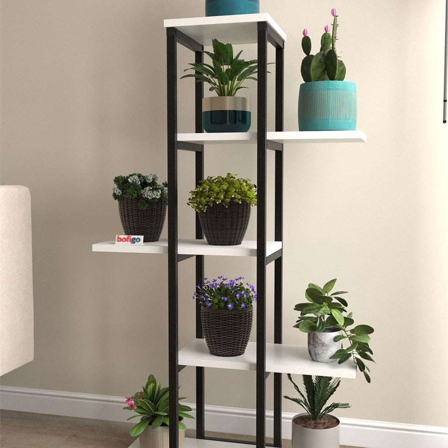 Suport flori Papatya multifunctional, etajera decorativa pentru ghivece si obiecte 40 x 120 cm, cadru metalic negru + rafturi PAL melaminat 18 mm, ideal pentru living balcon sau birou, stil industrial modern Alb - detaliu 3