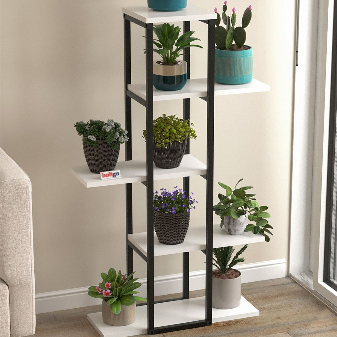 Suport flori Papatya multifunctional, etajera decorativa pentru ghivece si obiecte 40 x 120 cm, cadru metalic negru + rafturi PAL melaminat 18 mm, ideal pentru living balcon sau birou, stil industrial modern Pin natur - detaliu 7