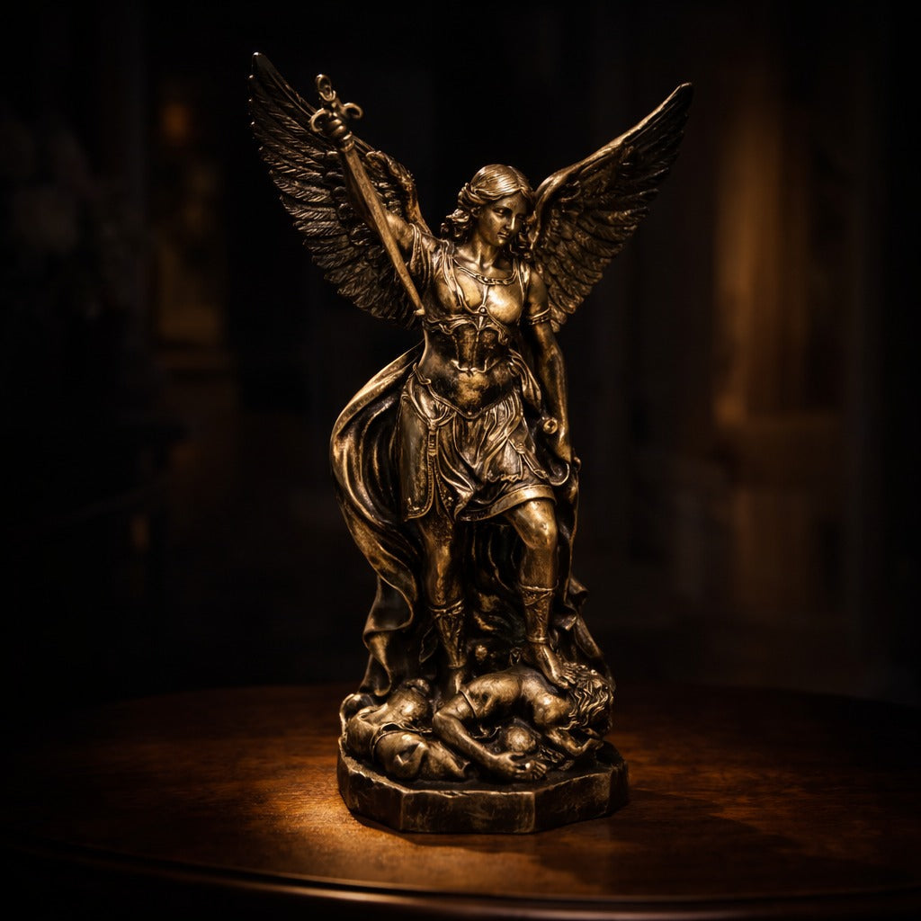 Statueta decorativa Arhanghelul Mihail 12 x 19 cm – finisaj bronz antic