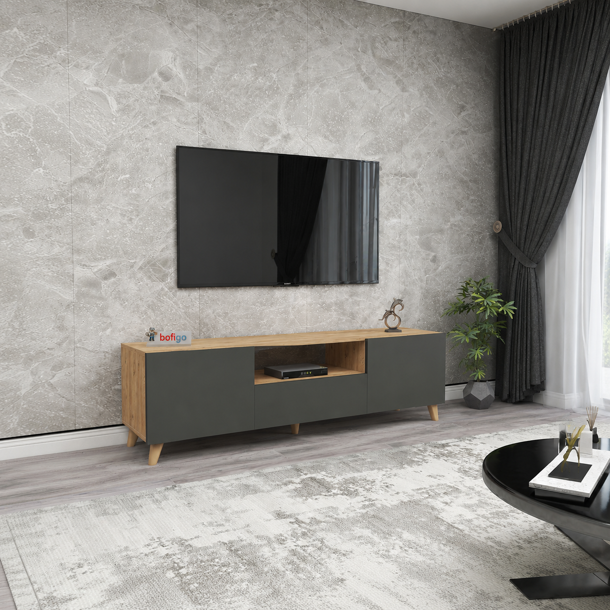 Comoda TV living 60 x 31,8 x 44,8 cm cm,  2 usi rabatabile soft-close, PAL melaminat 18 mm clasa E1, stil scandinav