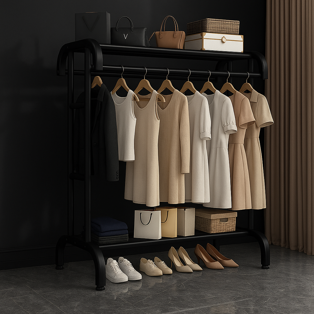 RESIGILAT - Suport dublu de umerase pentru haine, cu 1 suport de pantofi, din metal, cu raft depozitare deasupra – 50KG greutate maxima, 150x120x48cm