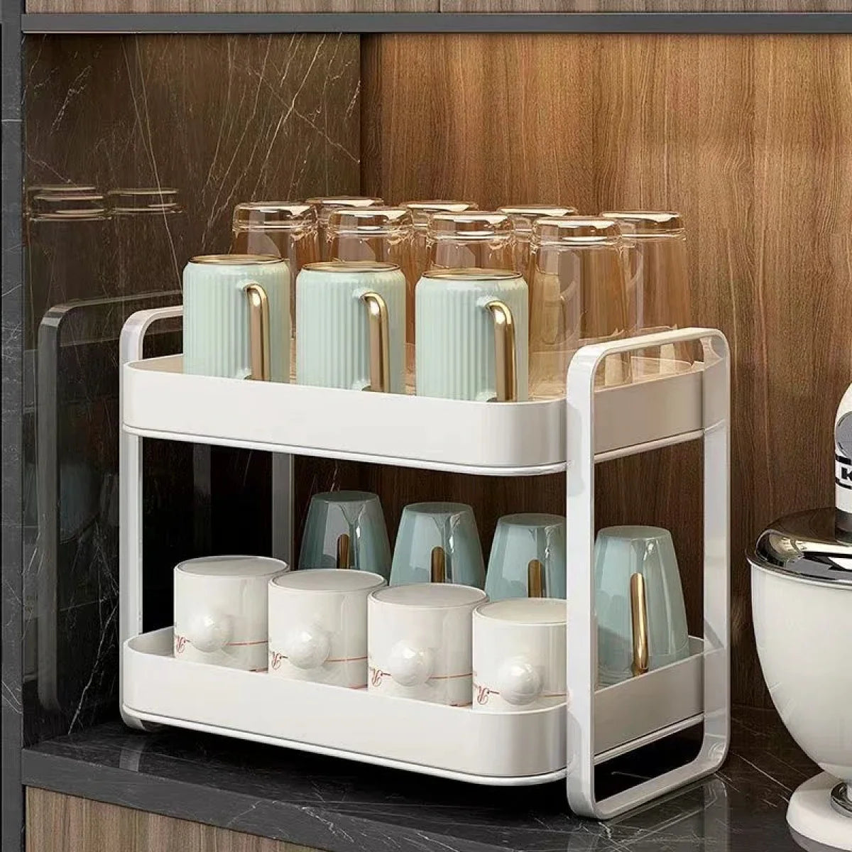 Suport cu 2 nivele pentru scurgerea paharelor, cadru metalic, 36.5 x 25.5 x 29 cm, alb