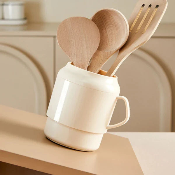 Suport ustensile bucatarie cu scurgere de tip cana, 13.5 cm x 11 cm, 14 cm, bej