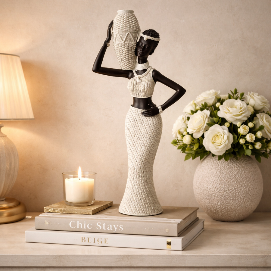 Statueta decorativa femeie africana cu vas, design elegant, rasina, stil etnic modern, decor interior premium, 28x10 cm