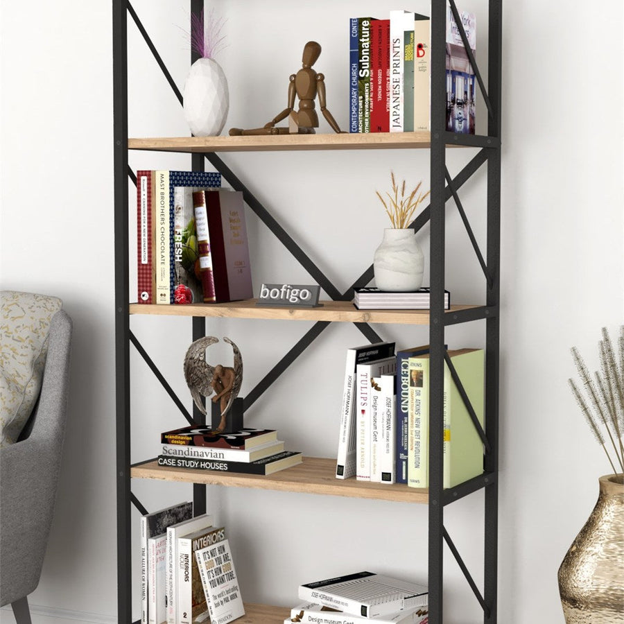 Biblioteca decorativa cu 5 rafturi, etajera metal si PAL, raft carti living sau birou 60 x 160 cm, cadru metalic stil industrial, polite PAL melaminat 18 mm clasa E1, montaj simplu, stil modern loft Alb - detaliu 8