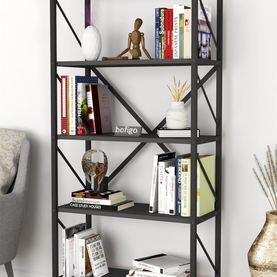 Biblioteca decorativa cu 5 rafturi, etajera metal si PAL, raft carti living sau birou 60 x 160 cm, cadru metalic stil industrial, polite PAL melaminat 18 mm clasa E1, montaj simplu, stil modern loft Antracit - vedere principala