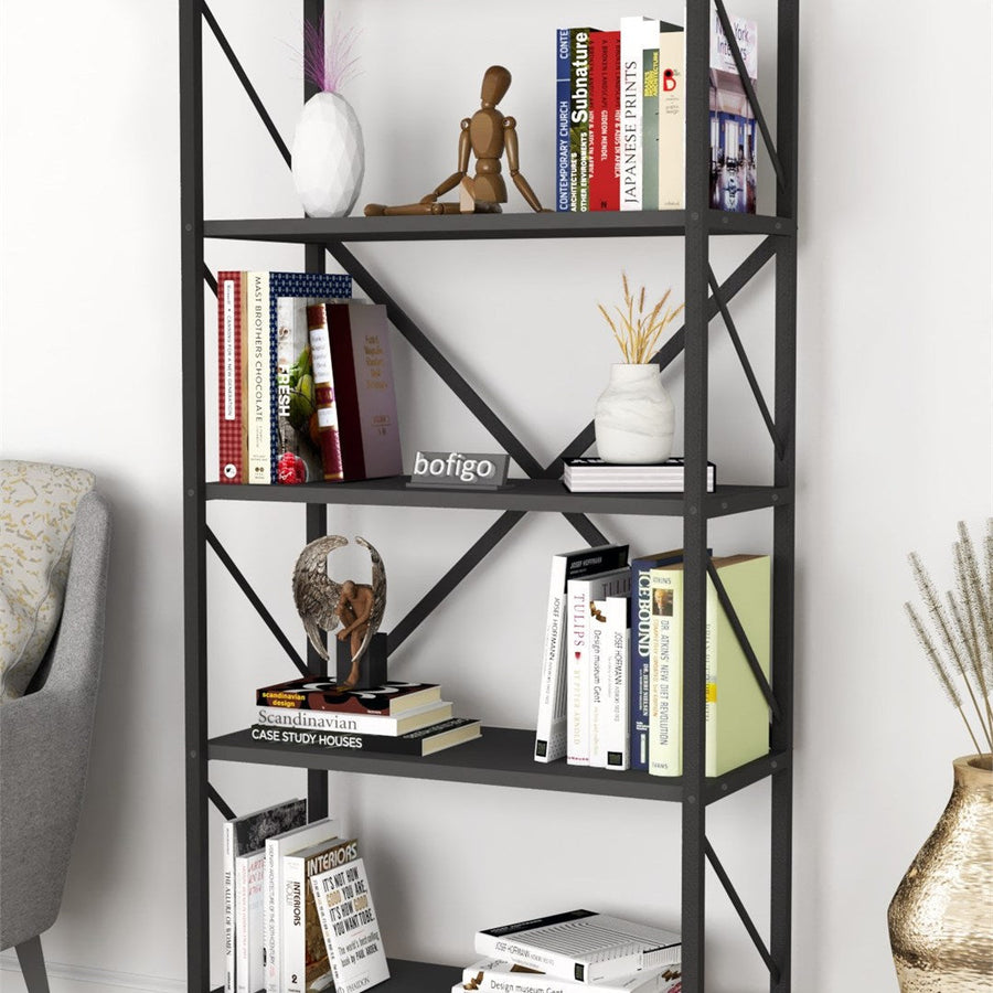 Biblioteca decorativa cu 5 rafturi, etajera metal si PAL, raft carti living sau birou 60 x 160 cm, cadru metalic stil industrial, polite PAL melaminat 18 mm clasa E1, montaj simplu, stil modern loft Antracit - vedere principala