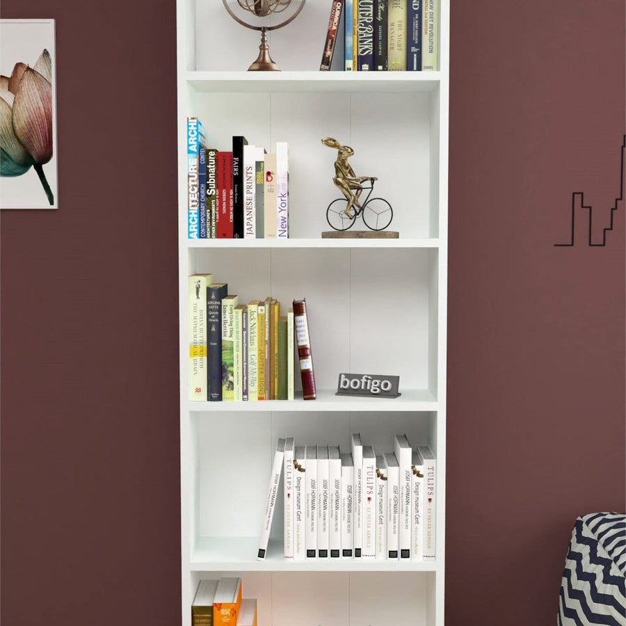 Biblioteca decorativa cu 5 rafturi din PAL, etajera carti 60 x 160 cm, structura integrala PAL melaminat 18 mm clasa E1, montaj rapid cu suruburi pre-gaurite, pentru birou living sau dormitor, stil clasic modern Alb - detaliu 3