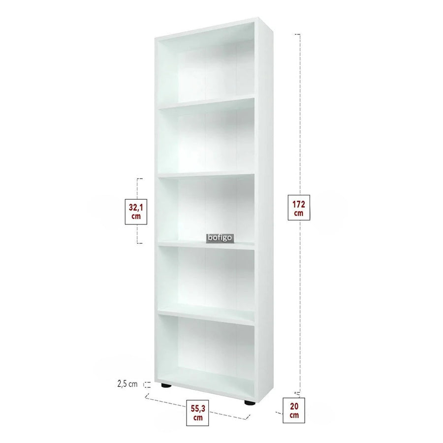 Biblioteca Decorativa cu 5 Rafturi, Design Inalt si Ingust, PAL E1, 55.3 x 20 x 172 cm