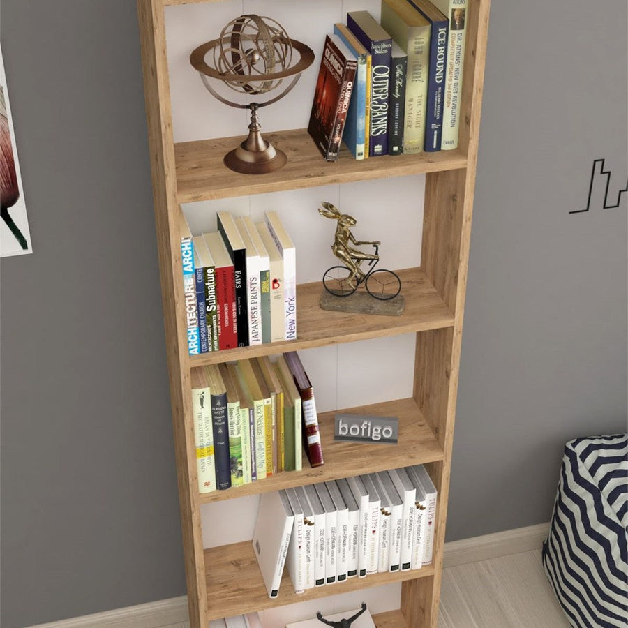 Biblioteca decorativa cu 5 rafturi din PAL, etajera carti 60 x 160 cm, structura integrala PAL melaminat 18 mm clasa E1, montaj rapid cu suruburi pre-gaurite, pentru birou living sau dormitor, stil clasic modern Pin natur - detaliu 4
