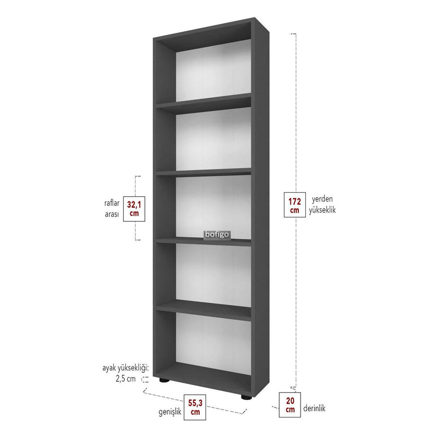 Biblioteca decorativa cu 5 rafturi din PAL, etajera carti 60 x 160 cm, structura integrala PAL melaminat 18 mm clasa E1, montaj rapid cu suruburi pre-gaurite, pentru birou living sau dormitor, stil clasic modern Antracit - detaliu 5