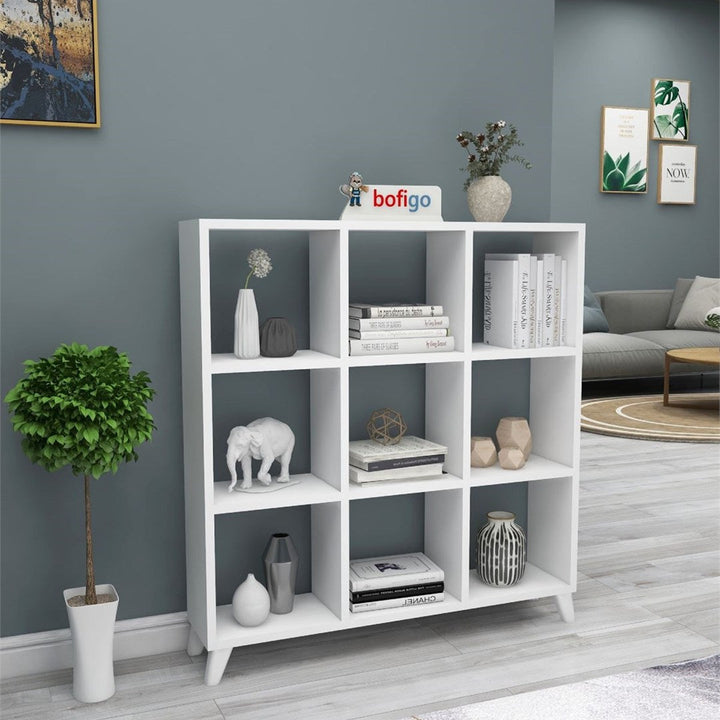 Biblioteca Cub cu 9 compartimente si rafturi, etajera carti 100 x 100 cm, cutii organizatoare design geometric modern, PAL melaminat 18 mm clasa E1, asezabila vertical sau orizontal ca bancuta, stil scandinav Alb - vedere principala